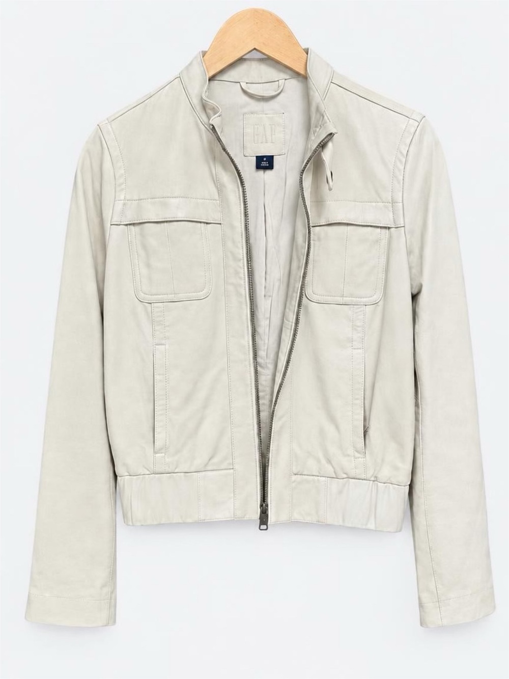 GAP Women's Light Cream Leather Zip Bomber Jacket
